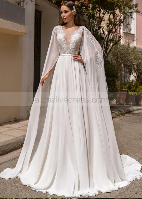 Ivory Lace Chiffon Wedding Dress With Detachable Cape Ivory Lace Chiffon Wedding Dress With Detachable Cape